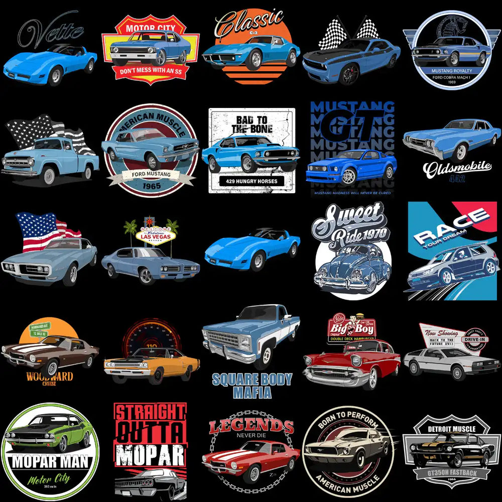 Classic American muscle cars and vintage auto designs for t-shirts and prints
