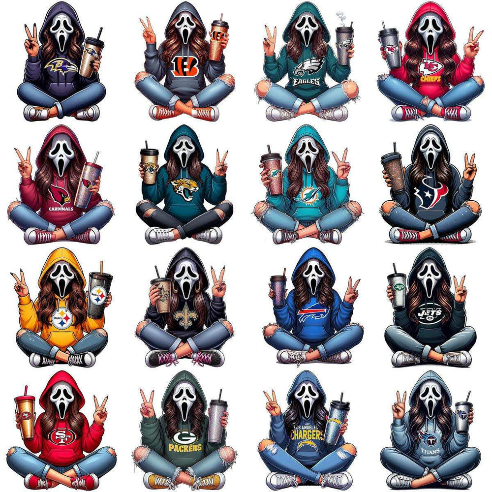 Scream mask girl in NFL team hoodies holding drinks, making peace signs