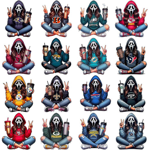 Scream mask girl in NFL team hoodies holding drinks, making peace signs