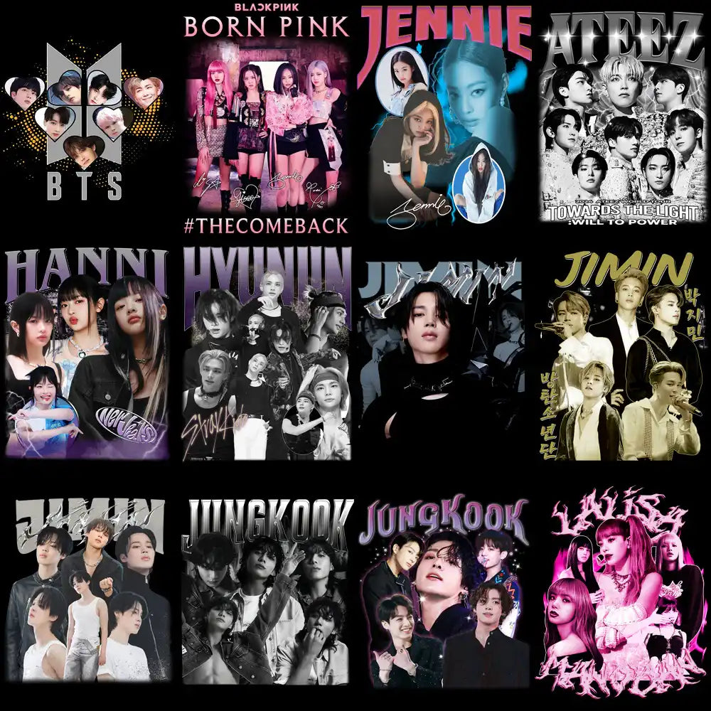 K-pop group designs for DTF, DTG, embroidery & tumbler wraps — BTS, BLACKPINK, ATEEZ, Jimin, Jungkook, Jennie