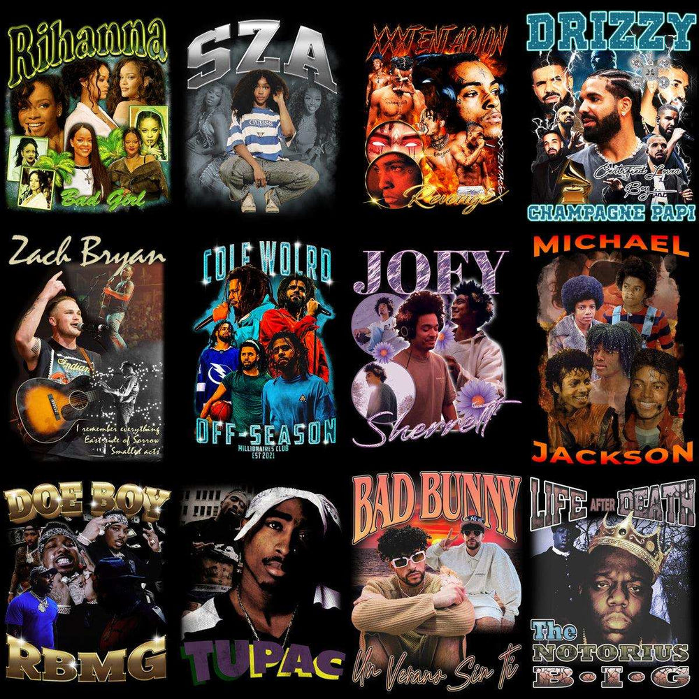 Print-ready celebrity music artist designs for DTF, DTG, embroidery, and tumbler wraps