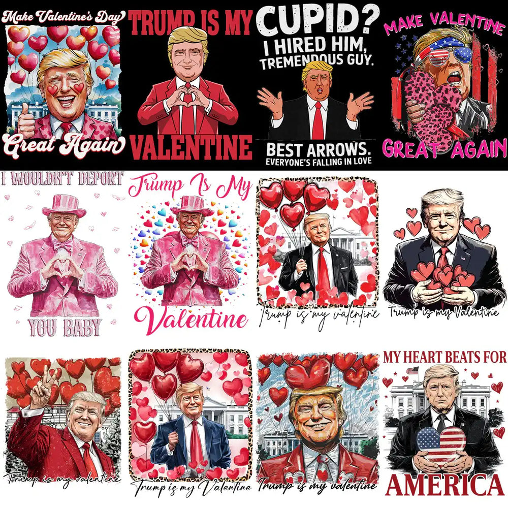 Trump Valentine's Day designs with hearts, balloons, and patriotic themes for print-ready use.