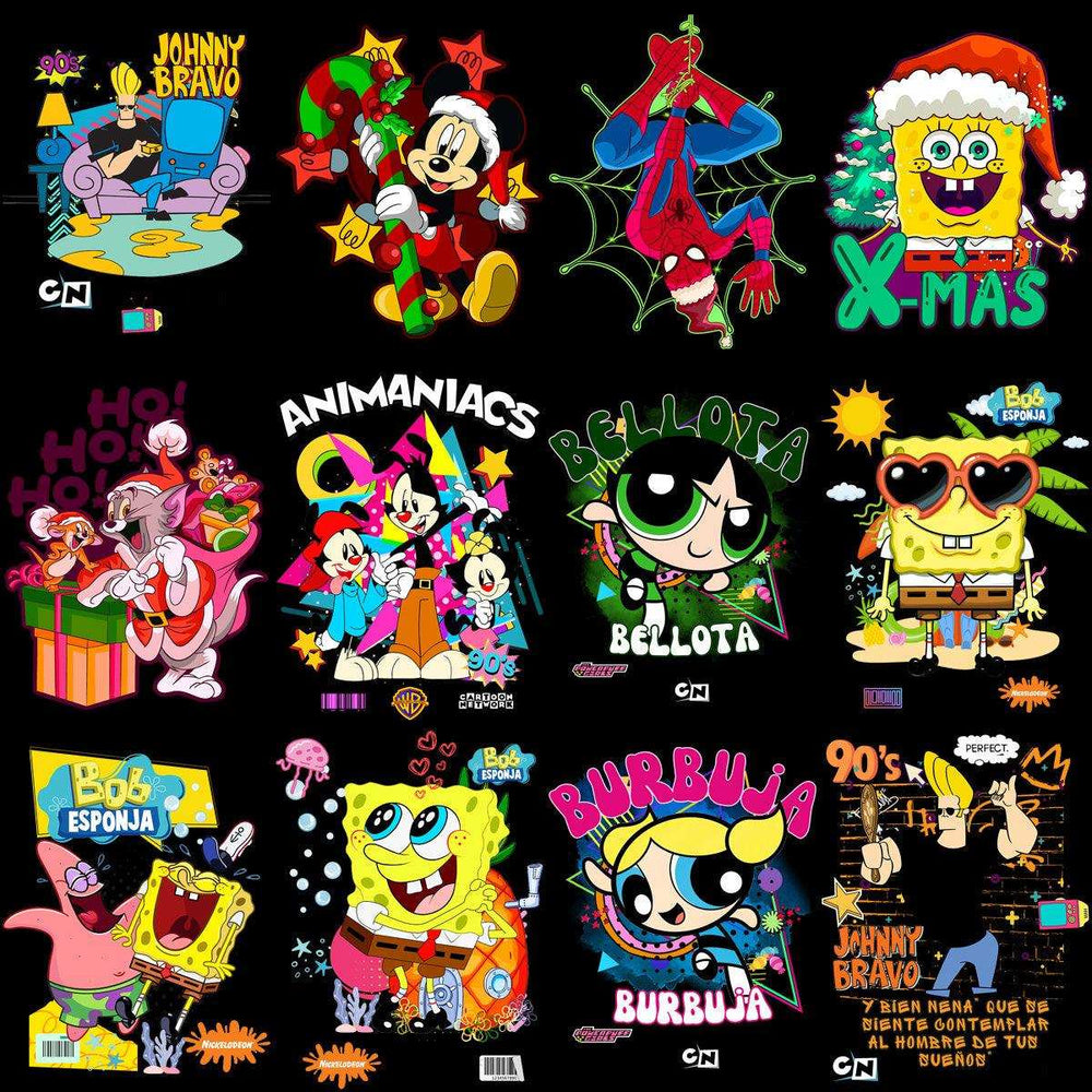 90s cartoon t-shirt designs featuring Johnny Bravo, SpongeBob, Powerpuff Girls, Spider-Man, and Animaniacs for DTF/DTG printing