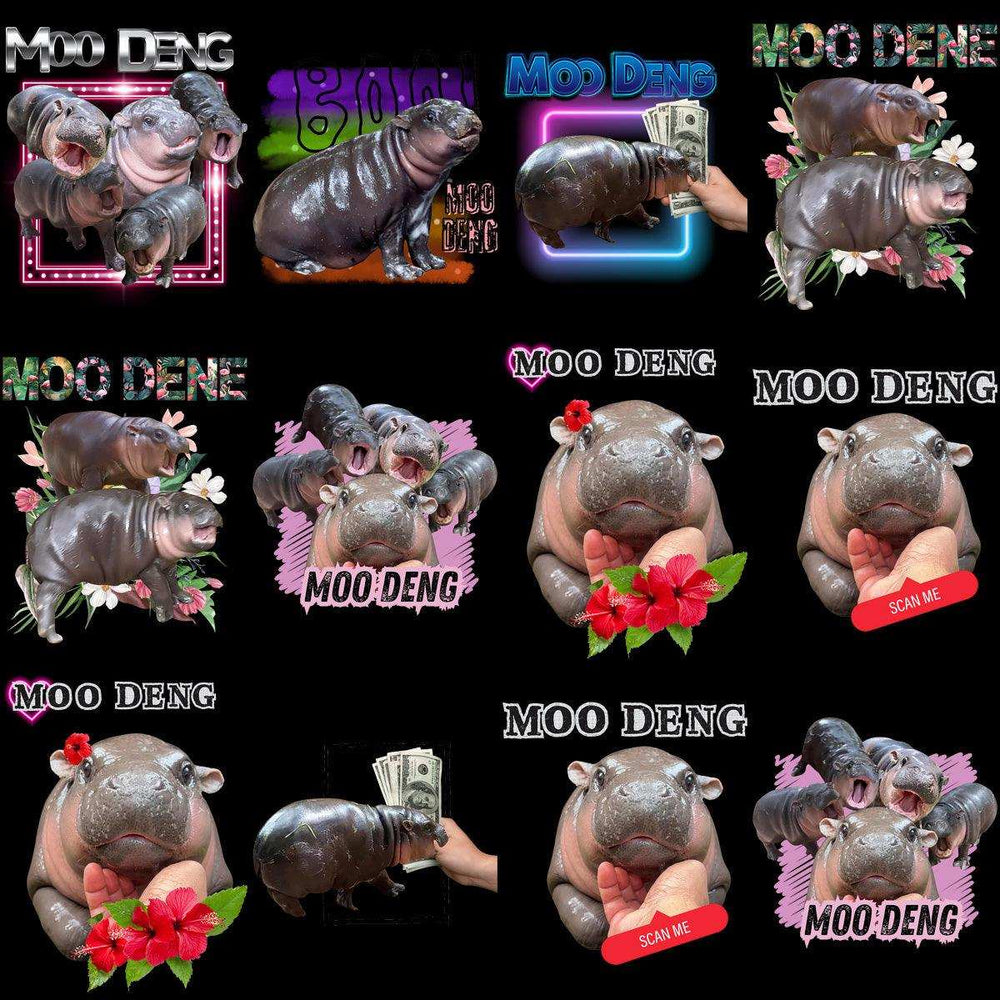 Moo Deng hippo designs with flowers, money, and neon effects for DTF/DTG printing
