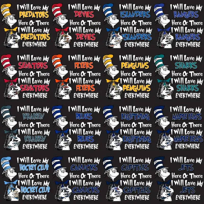 Dr. Seuss-style cat with team names like Predators, Devils, Islanders, and Rangers in colorful text.