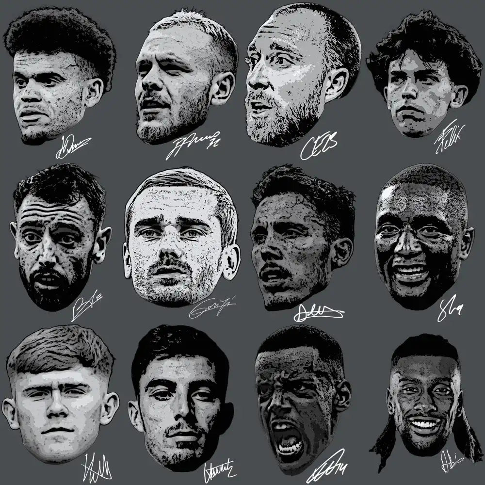 12 stylized soccer player portraits with signatures, print-ready PNG designs for DTF/DTG, embroidery, tumbler wraps
