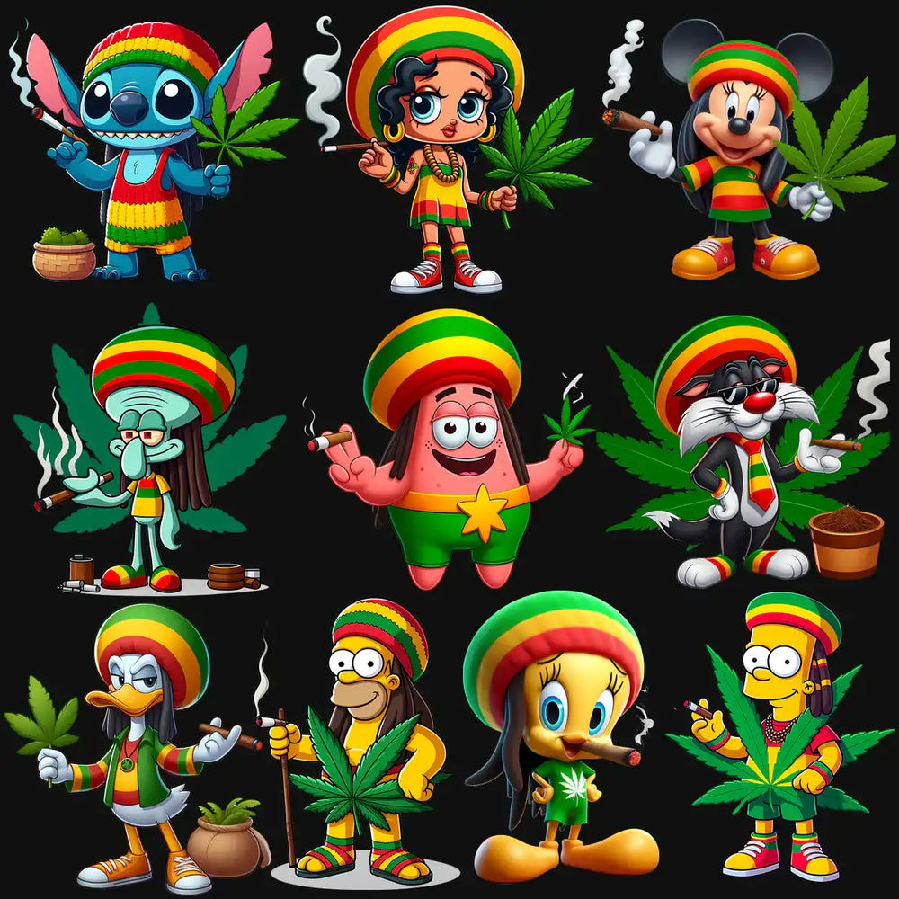 Rasta-themed cartoon characters with cannabis leaves and joints, print-ready PNG designs for DTG/DTF