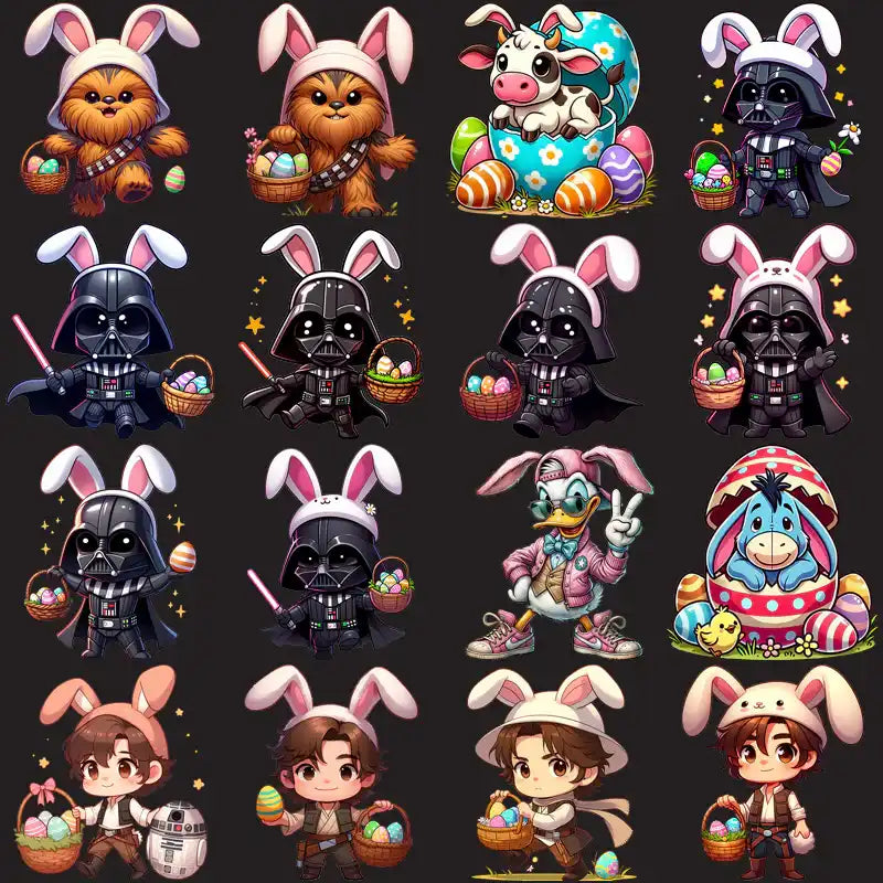 Cute Easter bunny-themed Star Wars characters with baskets of colorful eggs, perfect for DTF/DTG printing