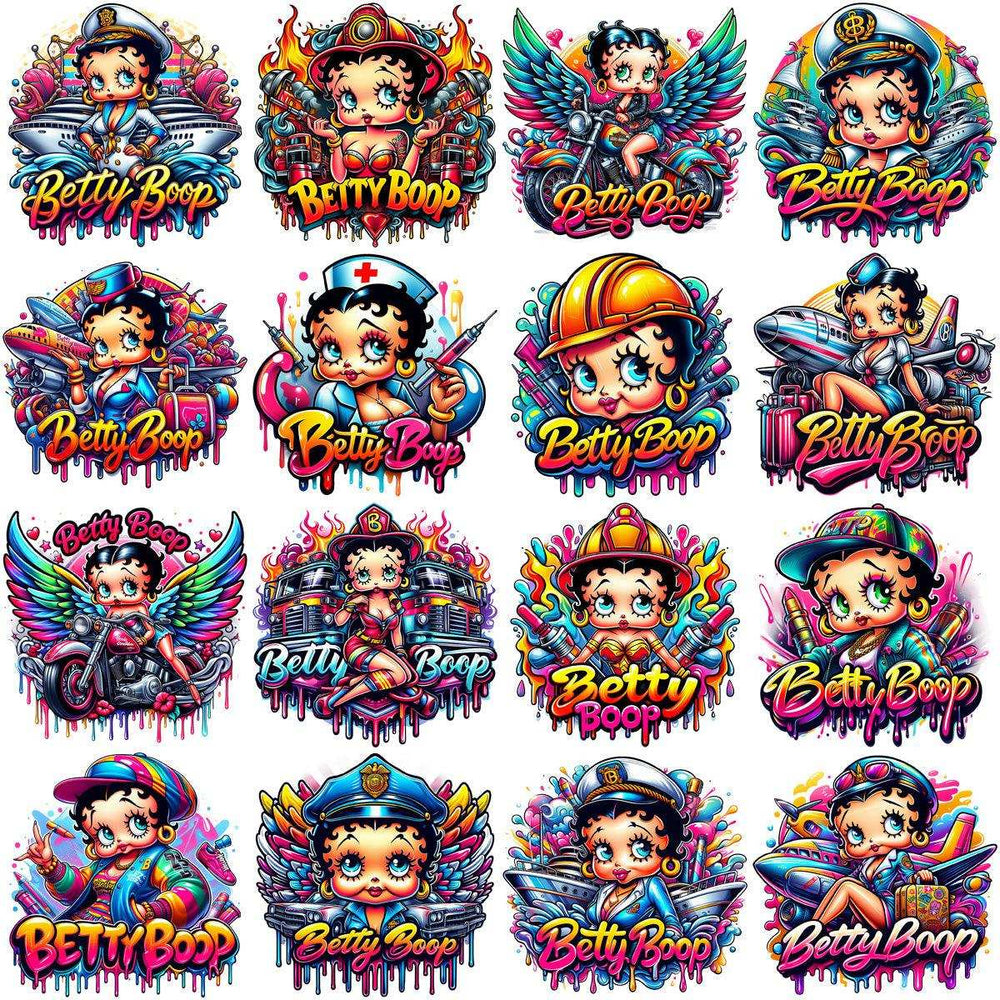 Betty Boop designs in vibrant, themed illustrations for DTF, DTG, and embroidery projects.