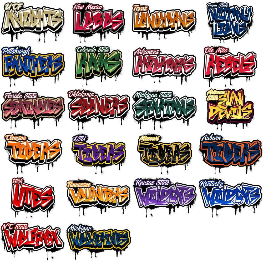 Vibrant college team logos in graffiti style for DTF/DTG and embroidery designs