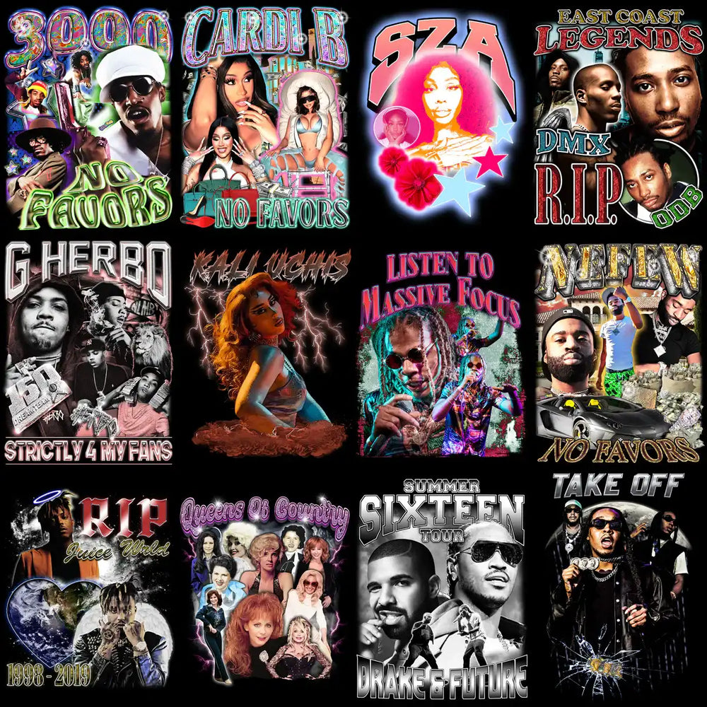 Vibrant music-themed designs featuring artists, tour graphics, and bold text for DTG/DTF printing.