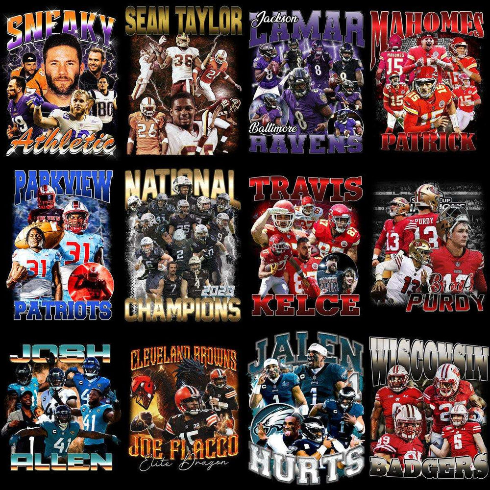 Football player designs for DTF/DTG, embroidery, and tumbler wraps featuring athletes and teams.