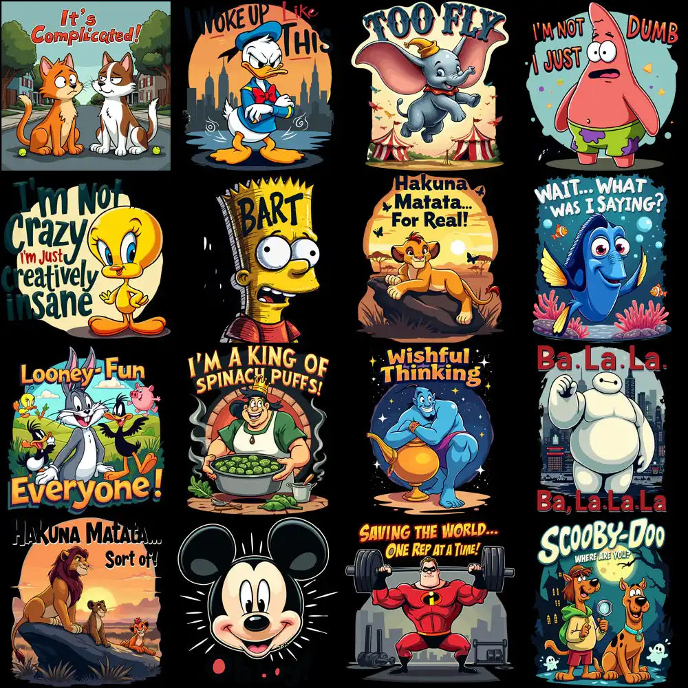 Funny cartoon t-shirt designs featuring Disney, Looney Tunes & movie characters for DTF/DTG printing