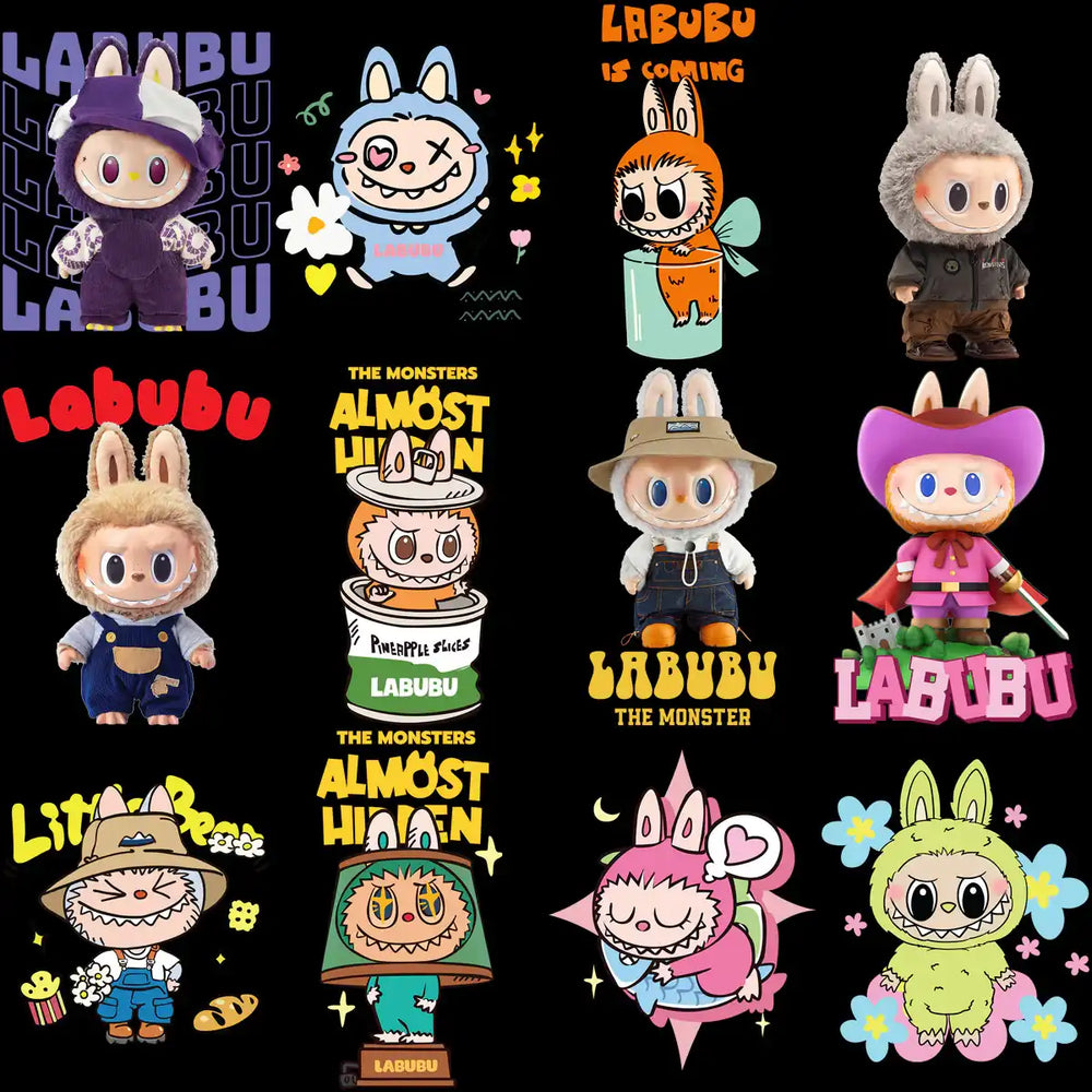Labubu monster character designs in colorful outfits and themes for DTF, DTG, and embroidery