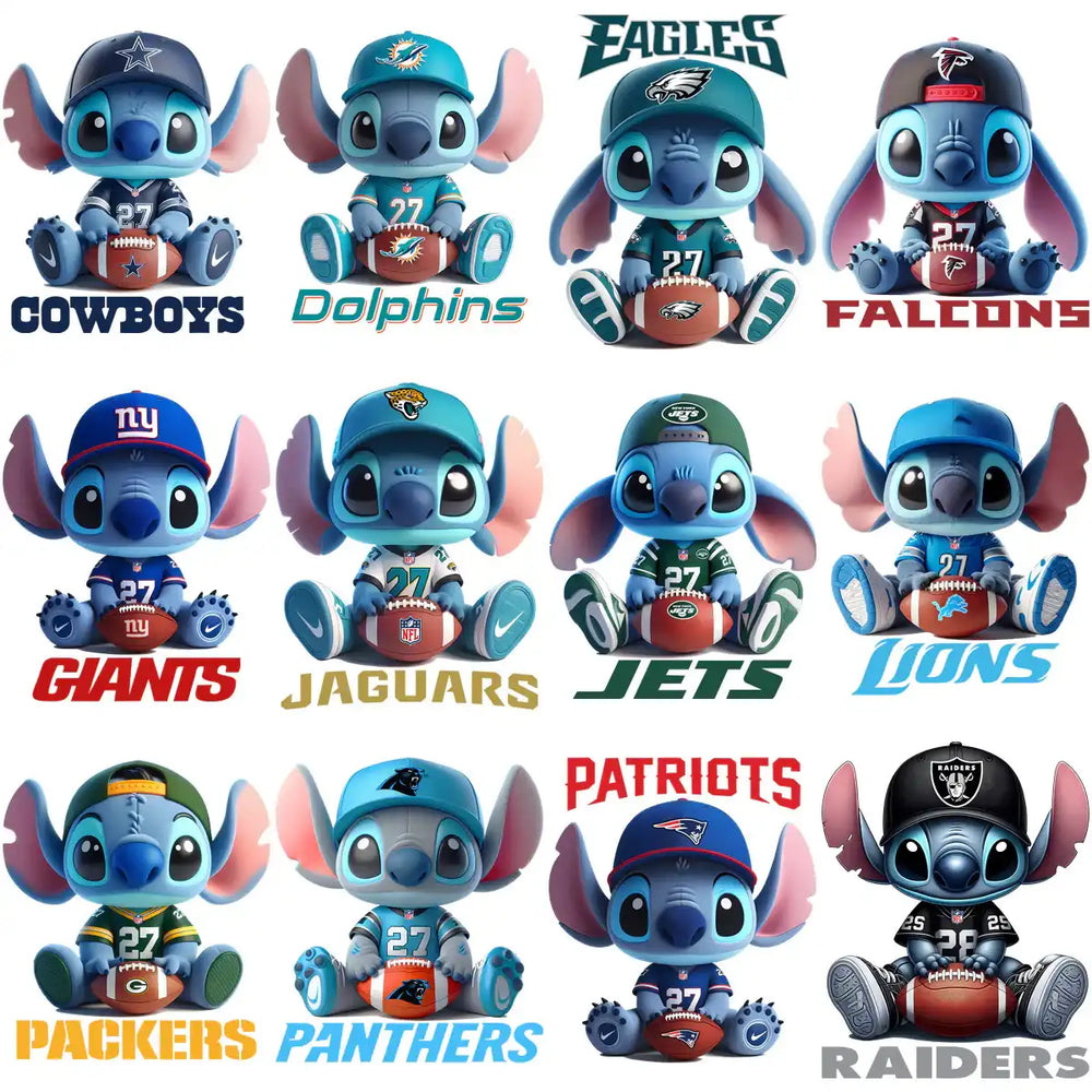 Cute Stitch NFL team designs for DTF, DTG, embroidery – Cowboys, Dolphins, Eagles, Falcons, Giants, Jaguars, Jets, Lions, Packers, Panthers, Patriots, Raiders