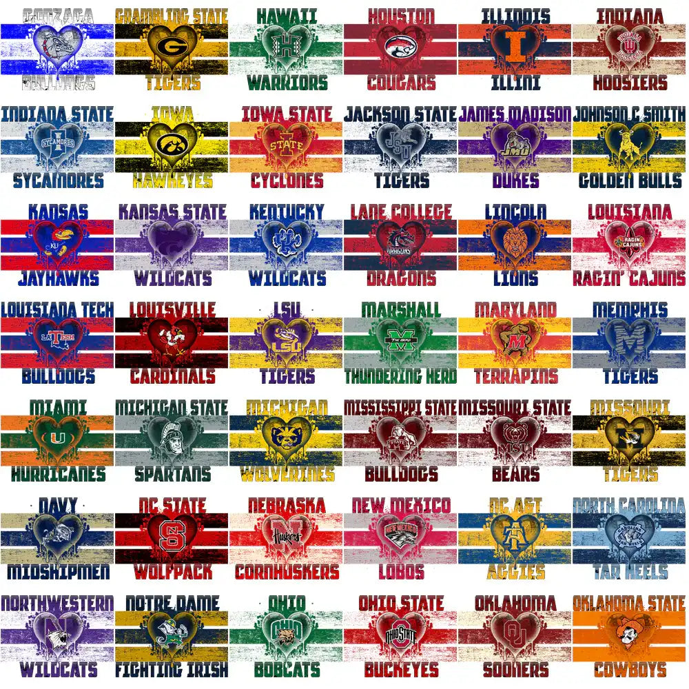 College team logos in heart designs, print-ready for DTF/DTG and embroidery projects.