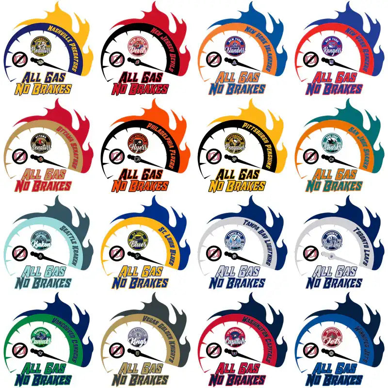 All Gas No Brakes NHL team speedometer designs with flame graphics for DTF, DTG, embroidery