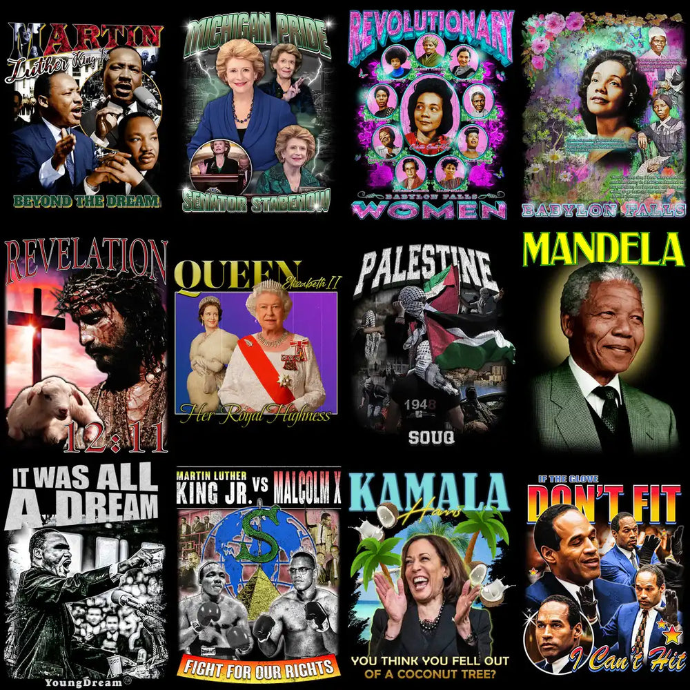 Historical figure t-shirt designs: MLK, Mandela, Queen Elizabeth, Kamala Harris, and more. Print-ready PNG/SVG.