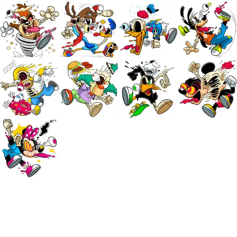 Cartoon characters in dynamic action poses, perfect for DTF/DTG and embroidery designs.