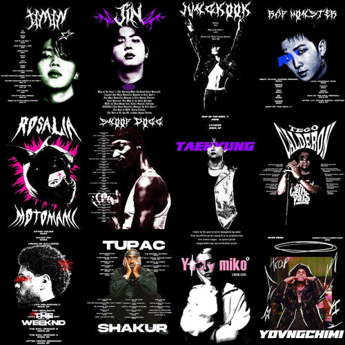 Print-ready music artist designs for DTF/DTG, embroidery, and tumbler wraps featuring iconic artists.
