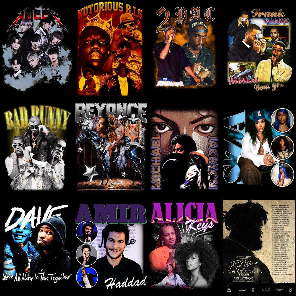 Music artist designs for DTF, DTG, and embroidery with print-ready PNG, SVG, and PES files
