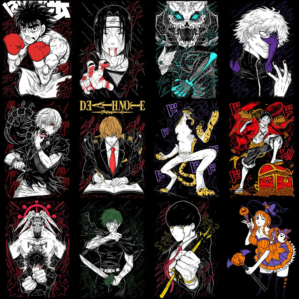 Anime character designs for DTF/DTG prints, featuring vibrant, print-ready artwork for t-shirts and merch.