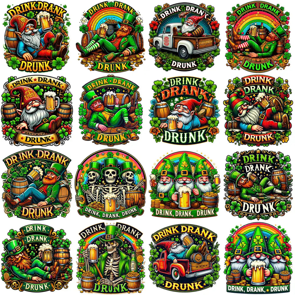 St. Patrick’s Day leprechaun and skeleton designs with beer, rainbows, shamrocks — DTF, DTG, embroidery ready