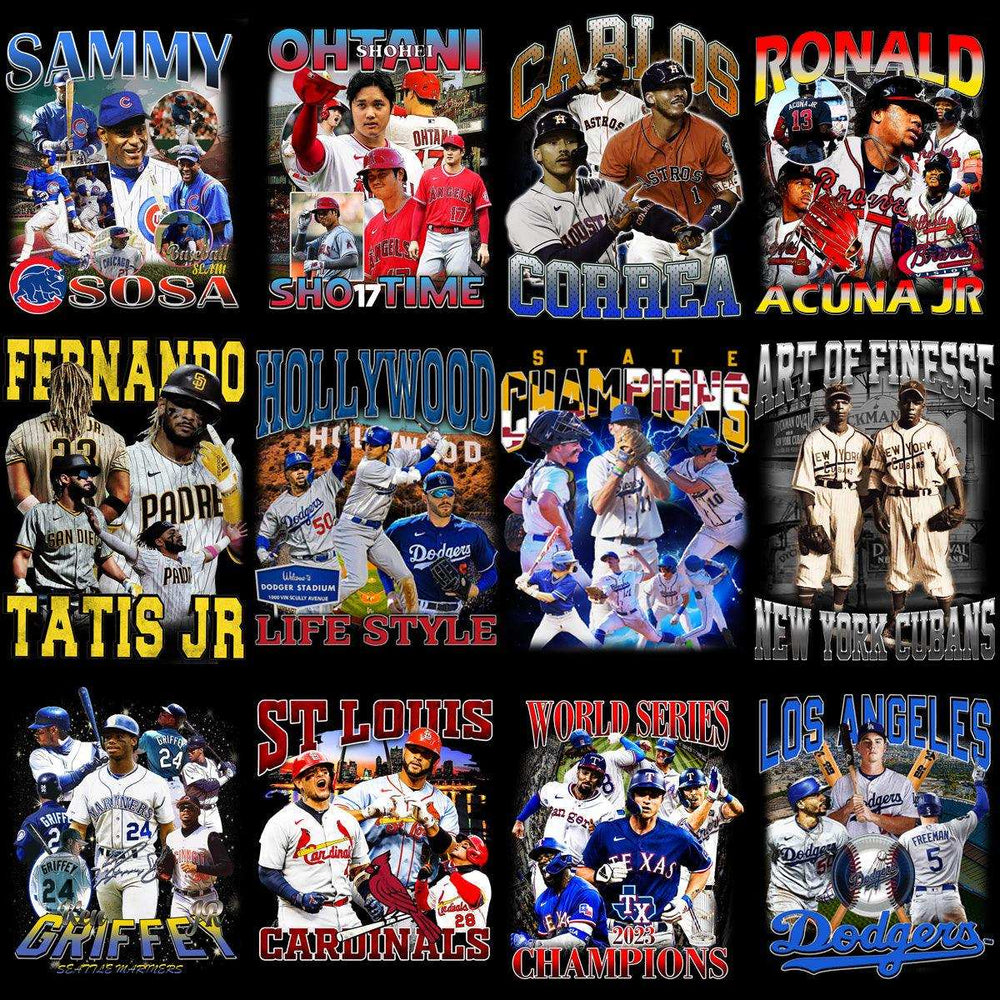 Baseball player designs for DTF/DTG, embroidery, and tumbler wraps featuring team logos and player names.