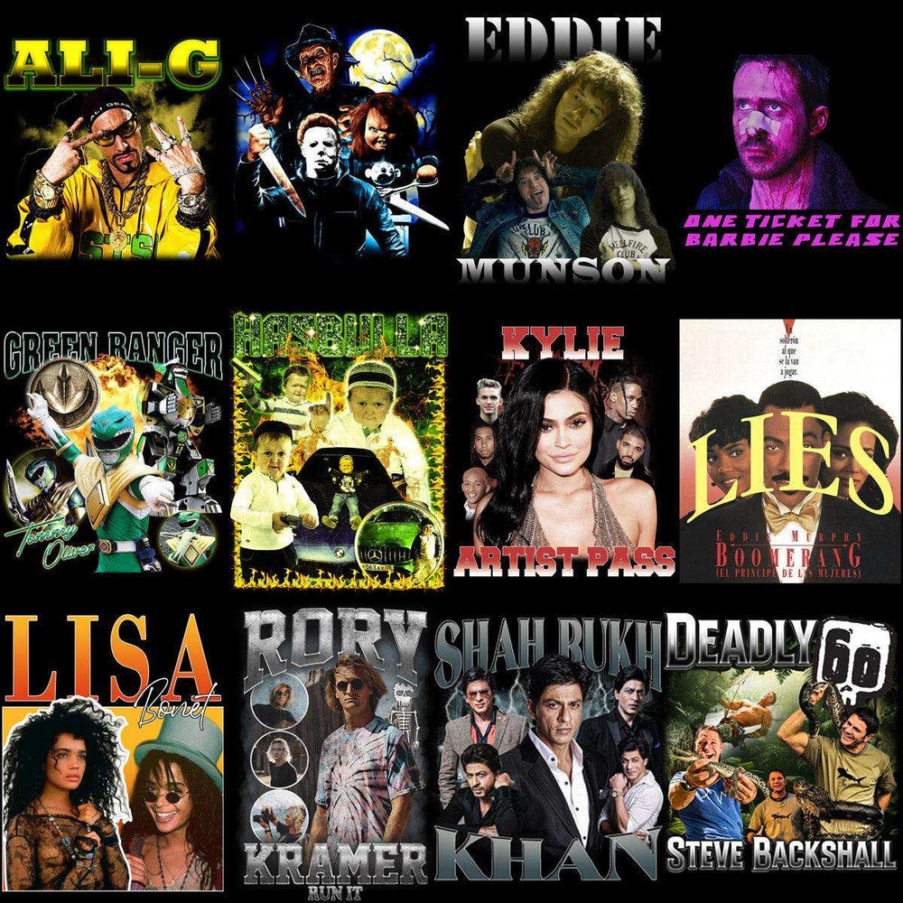 Print-ready PNG designs featuring pop culture icons, horror characters, and celebrities for DTG, DTF, embroidery
