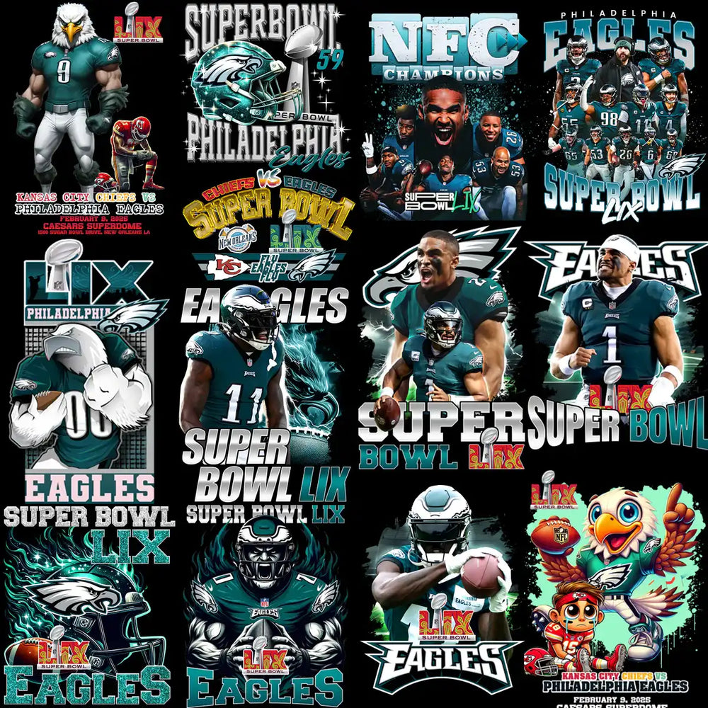 Philadelphia Eagles Super Bowl LIX designs, featuring players, mascots, and team graphics for print-ready use.