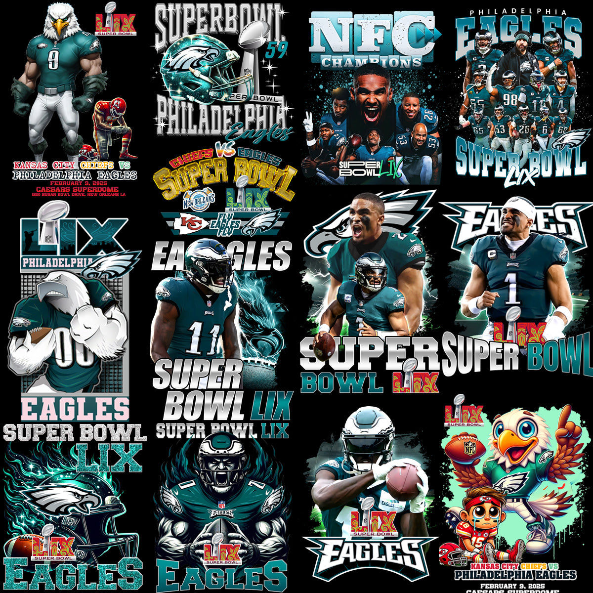 26 Super Bowl 2025 EAGLES Winners Champions Football Designs Bundle PNG