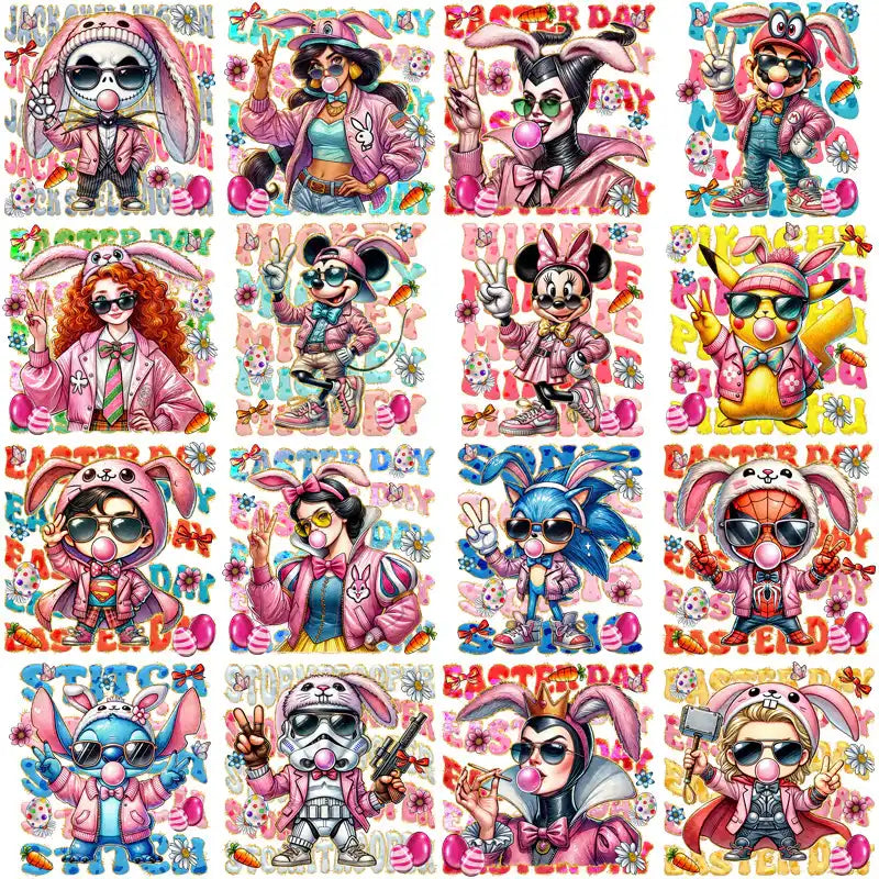 Easter-themed cartoon characters in pink outfits with sunglasses, perfect for DTF/DTG designs.