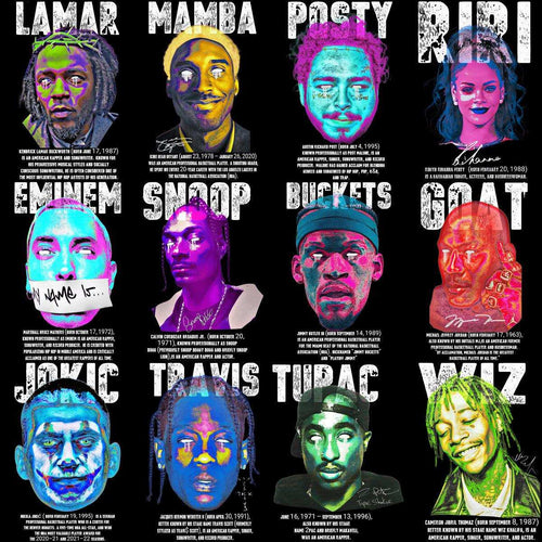 Vibrant pop art portraits of famous rappers & athletes, neon color stylized, print-ready for DTG/DTF, embroidery, tumbler wraps