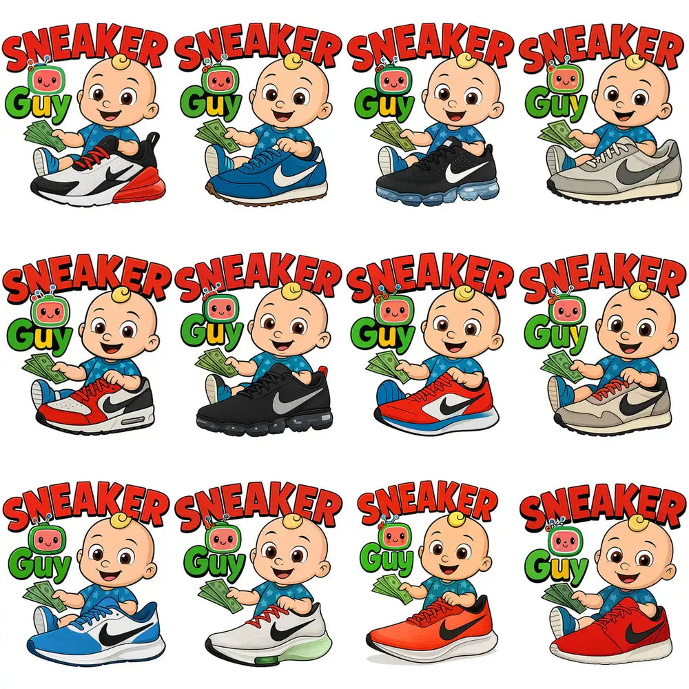 Sneaker Guy cartoon baby with money and colorful Nike sneakers, print-ready design bundle