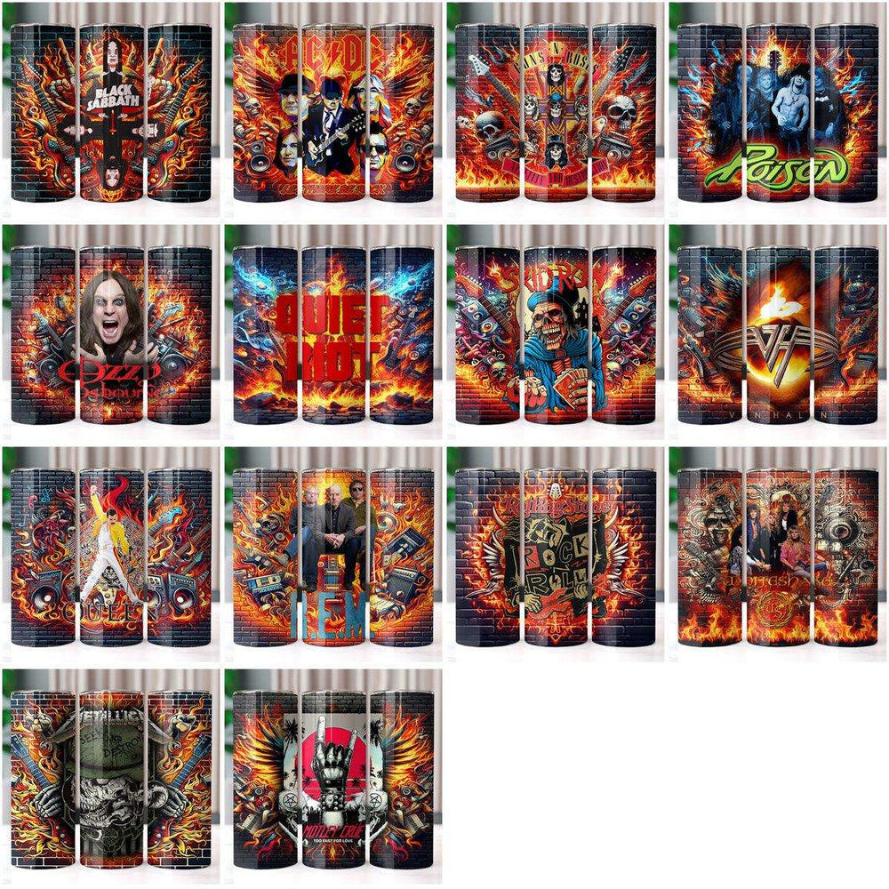 Rock band tumbler wraps with fiery designs, featuring bands like AC/DC, Metallica, and Queen for custom merch.