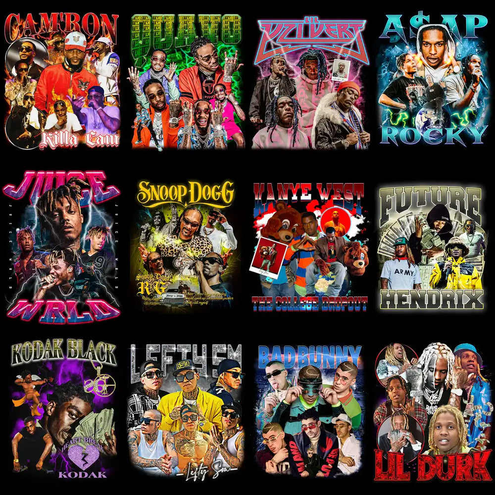 Rap artist designs for DTF/DTG, embroidery, and tumbler wraps featuring vibrant graphics and bold text.