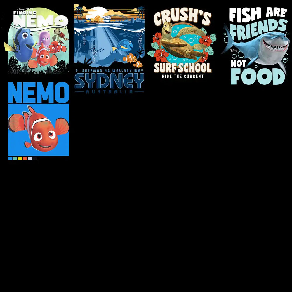 Finding Nemo and Sydney-themed print designs with Crush's Surf School and shark graphics