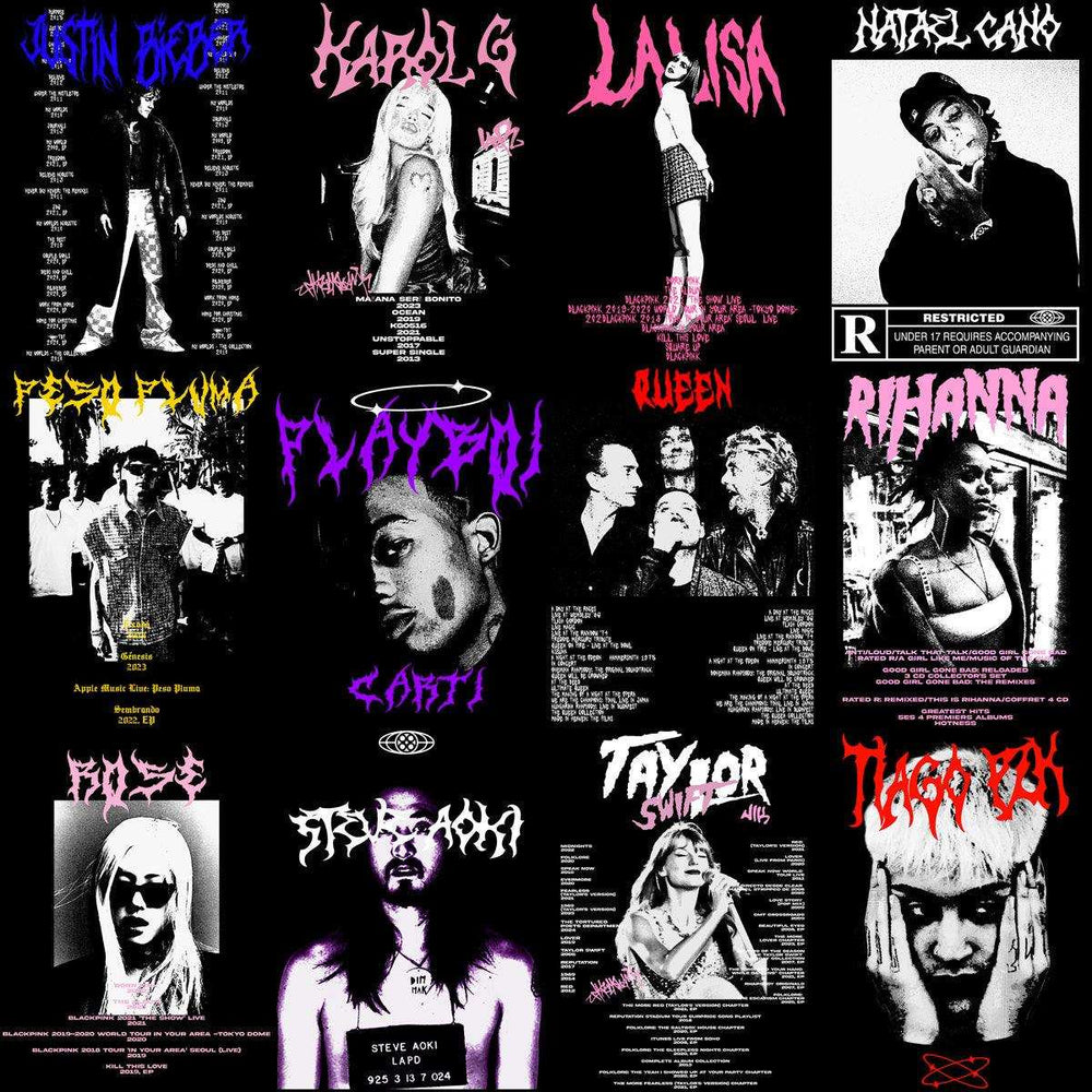 Print-ready artist designs for DTF/DTG, embroidery, and tumbler wraps featuring pop stars and album art.