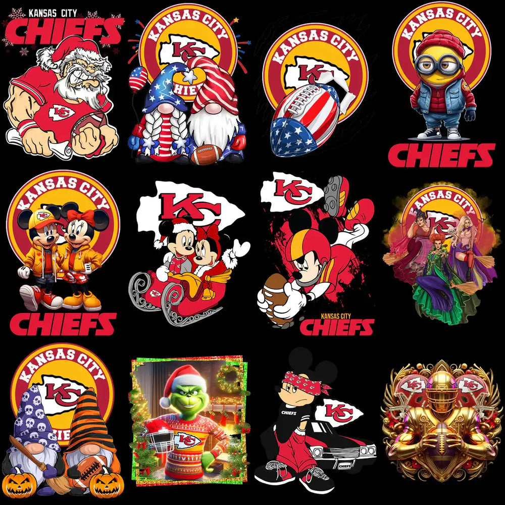 Kansas City Chiefs themed designs featuring Santa, gnomes, Minions, Mickey Mouse, and Grinch for apparel and prints.