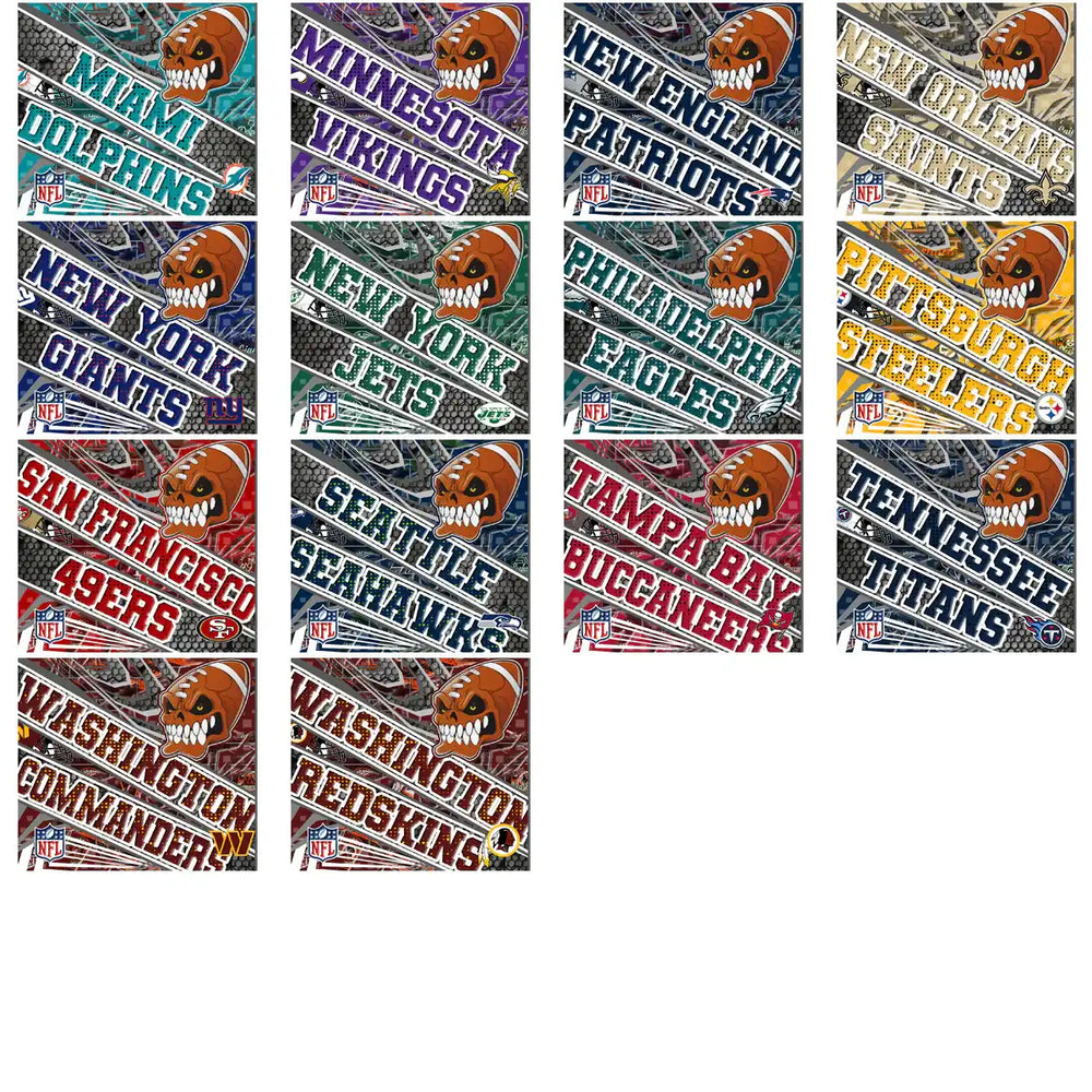 NFL team designs with skull footballs for DTF/DTG and embroidery, print-ready PNG SVG PES