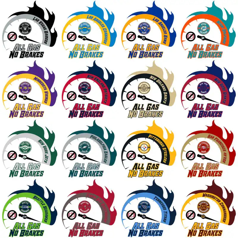 All Gas No Brakes speedometer designs for NFL teams, vibrant flames, print-ready PNG SVG