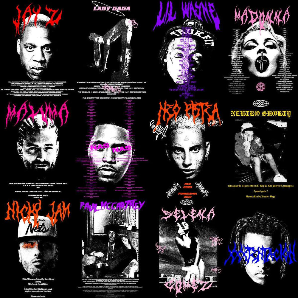 Edgy music artist posters with bold typography, perfect for DTF/DTG printing and tumbler wraps.