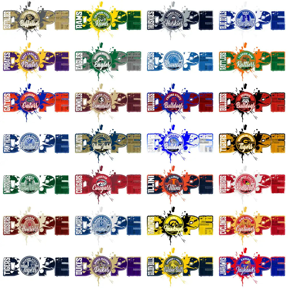 College sports team logos with 'DOPE' text, splash effects, print-ready for DTF DTG embroidery designs