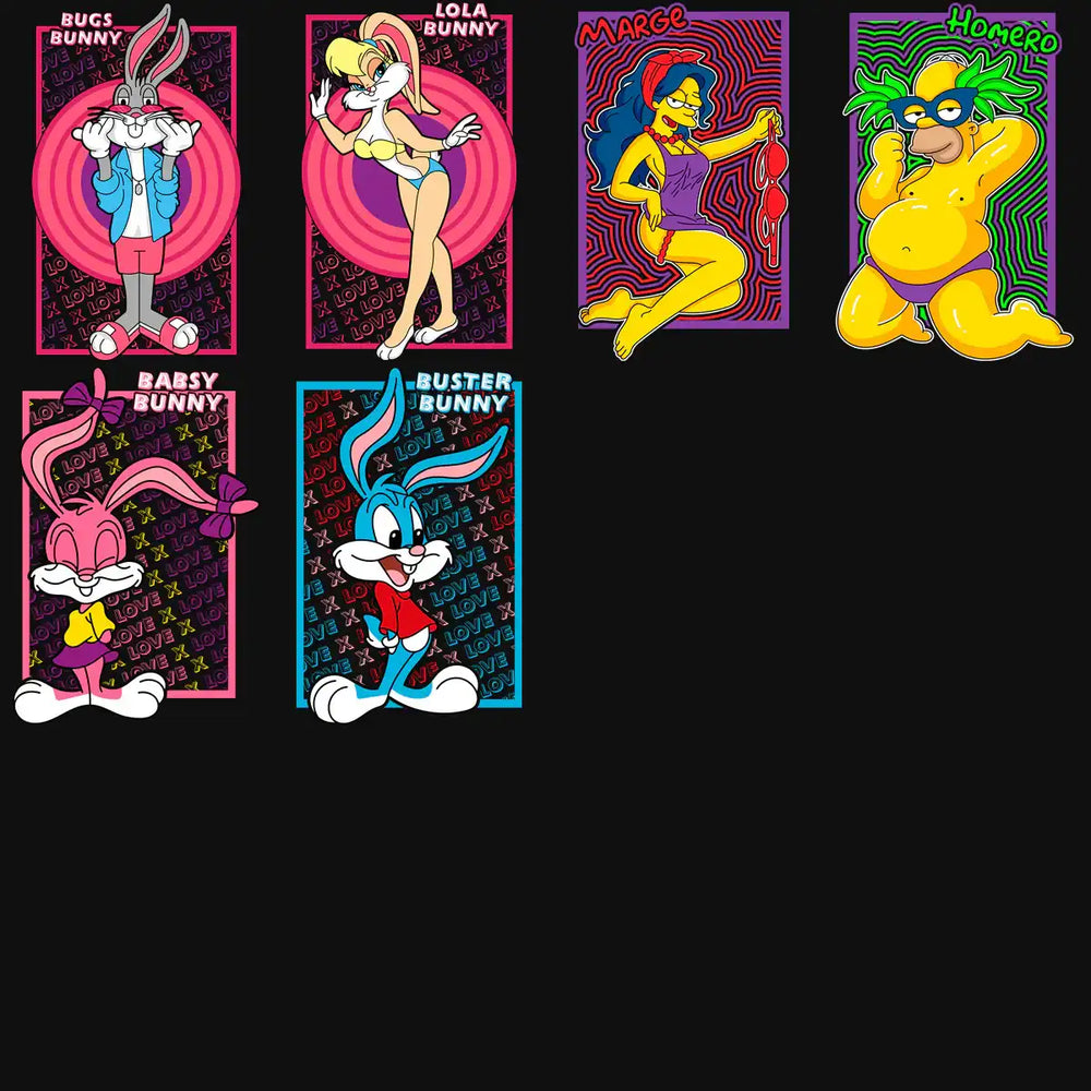 Bugs Bunny, Lola Bunny, Marge, Homer, Babsy, Buster Bunny pop art designs for DTF DTG printing