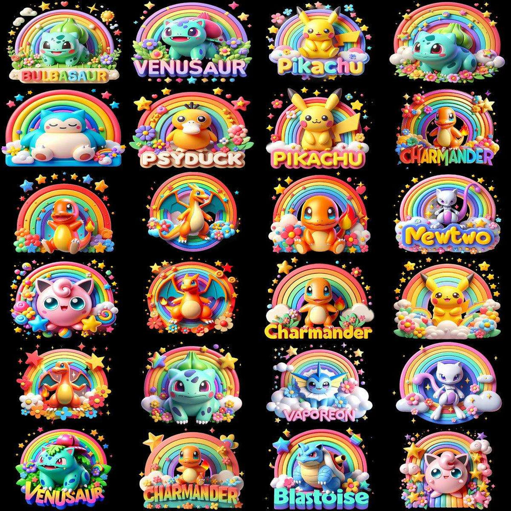 Cute Pokémon characters like Pikachu, Charmander, and Bulbasaur in rainbow-themed designs for DTF/DTG printing.