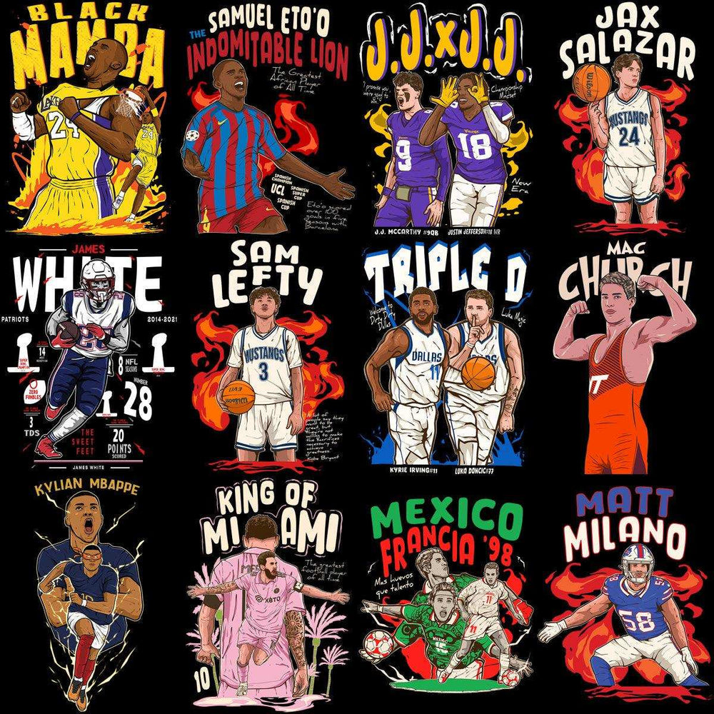Athlete t-shirt designs featuring basketball, football & soccer stars in vibrant, print-ready graphics for DTF/DTG.
