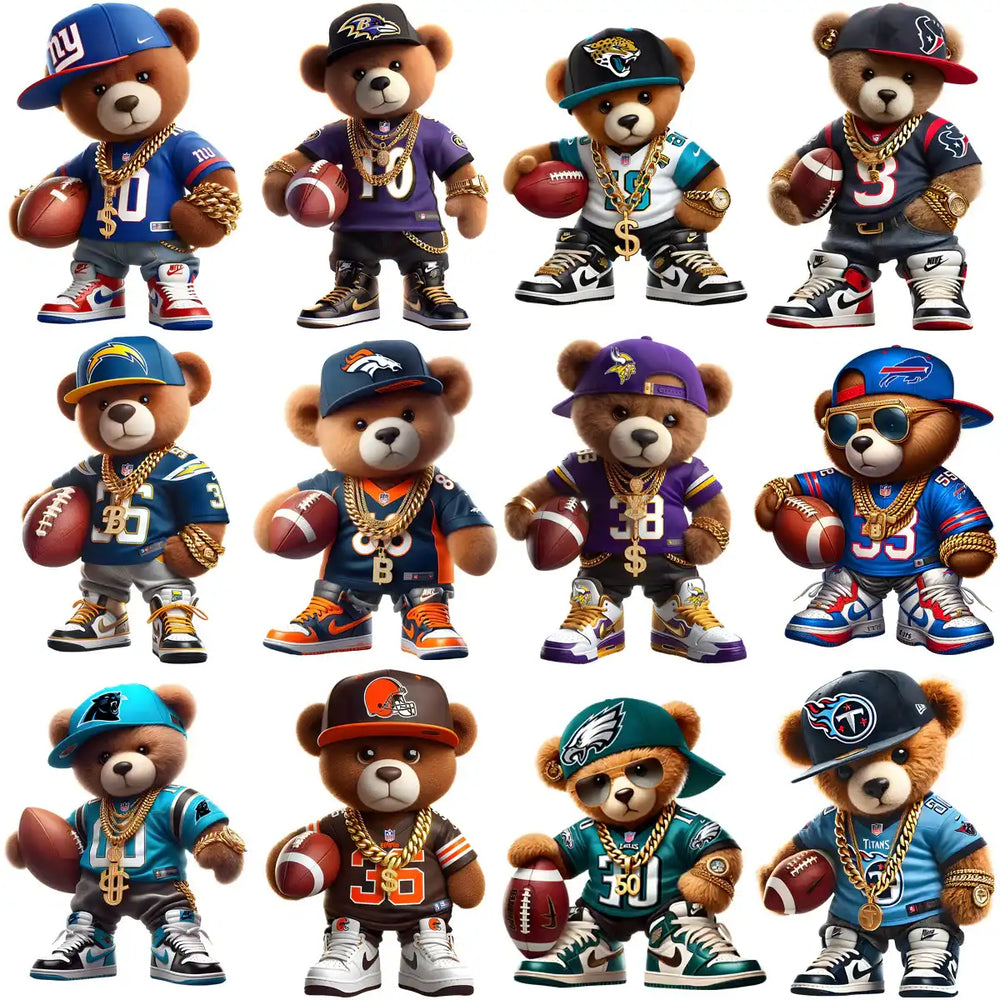 Teddy bears in NFL jerseys, caps, and gold chains holding footballs, styled for DTF/DTG designs.