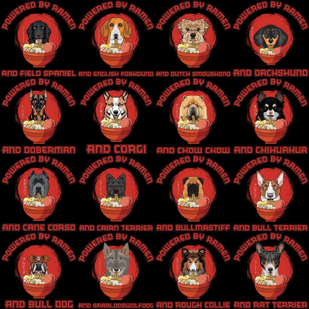 Dog breeds in ramen bowls, print-ready designs for DTG, DTF, embroidery, and tumbler wraps.