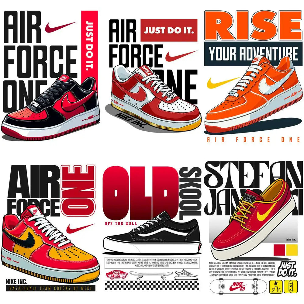 Nike Air Force One and Vans Old Skool sneaker designs with bold graphics and slogans