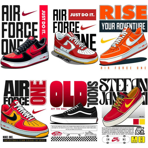 Nike Air Force One and Vans Old Skool sneaker designs with bold graphics and slogans